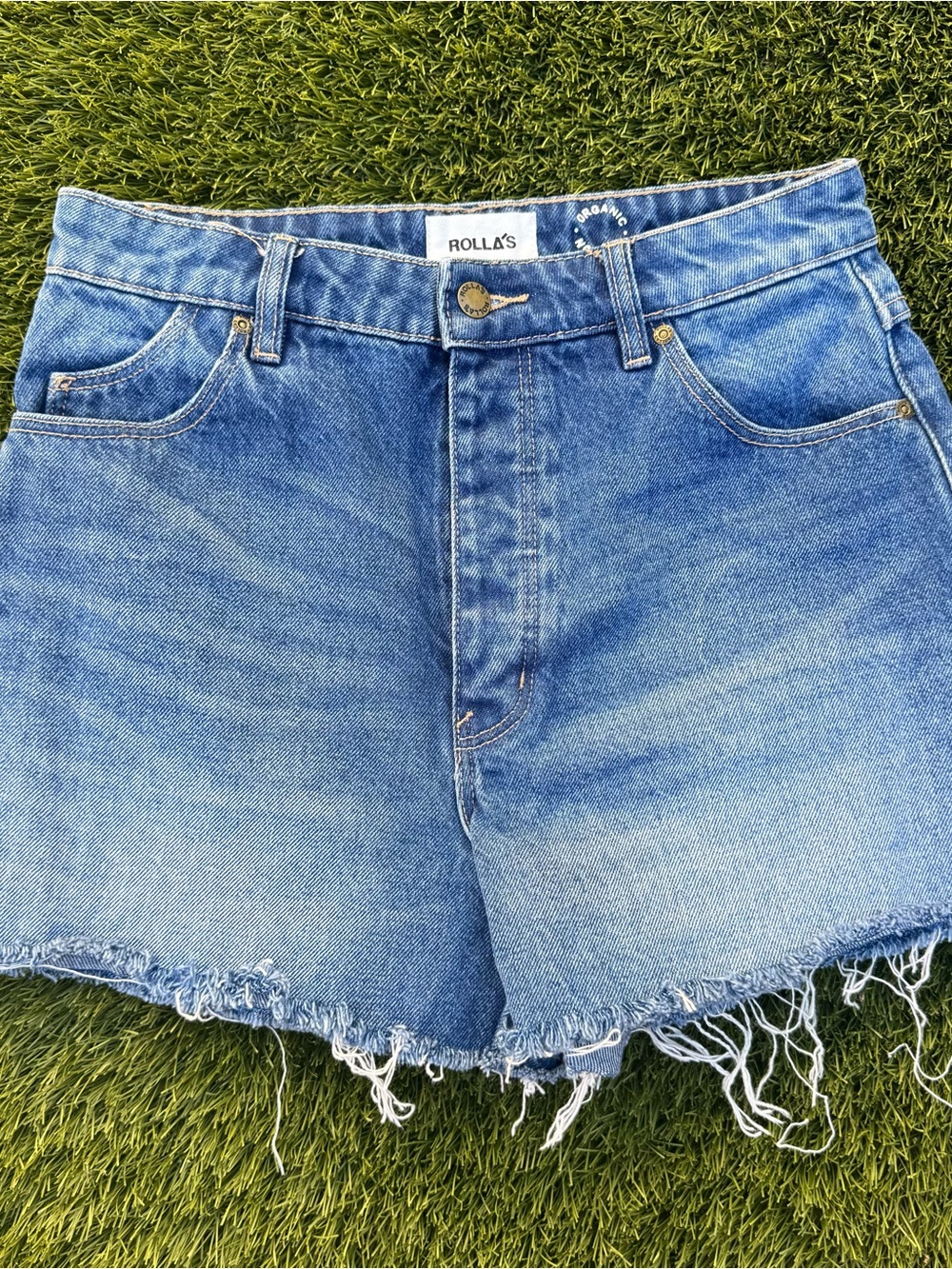 ROLLA'S medium blue frayed denim shorts